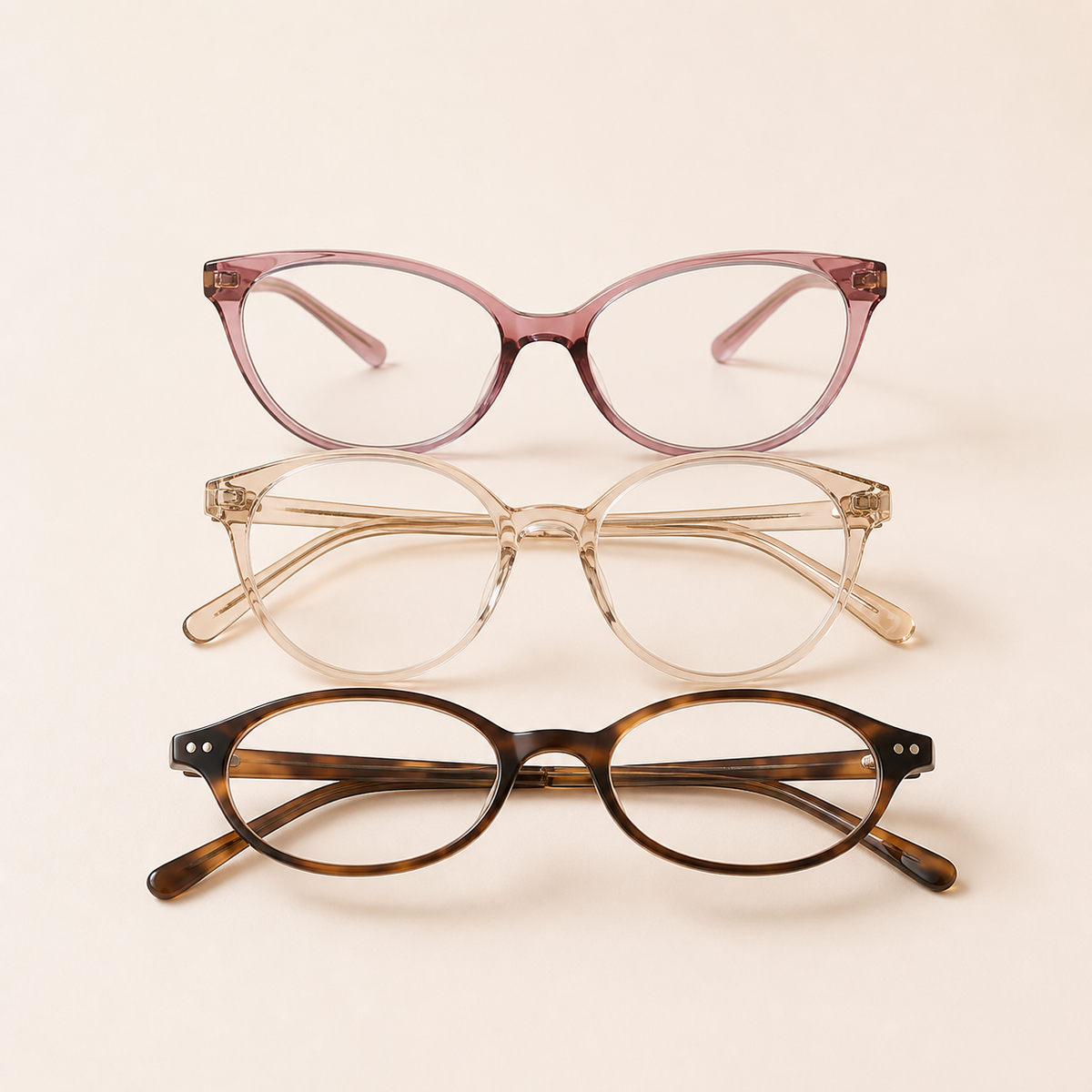 Women's reading glasses in berry, champagne, and tortoiseshell styles
