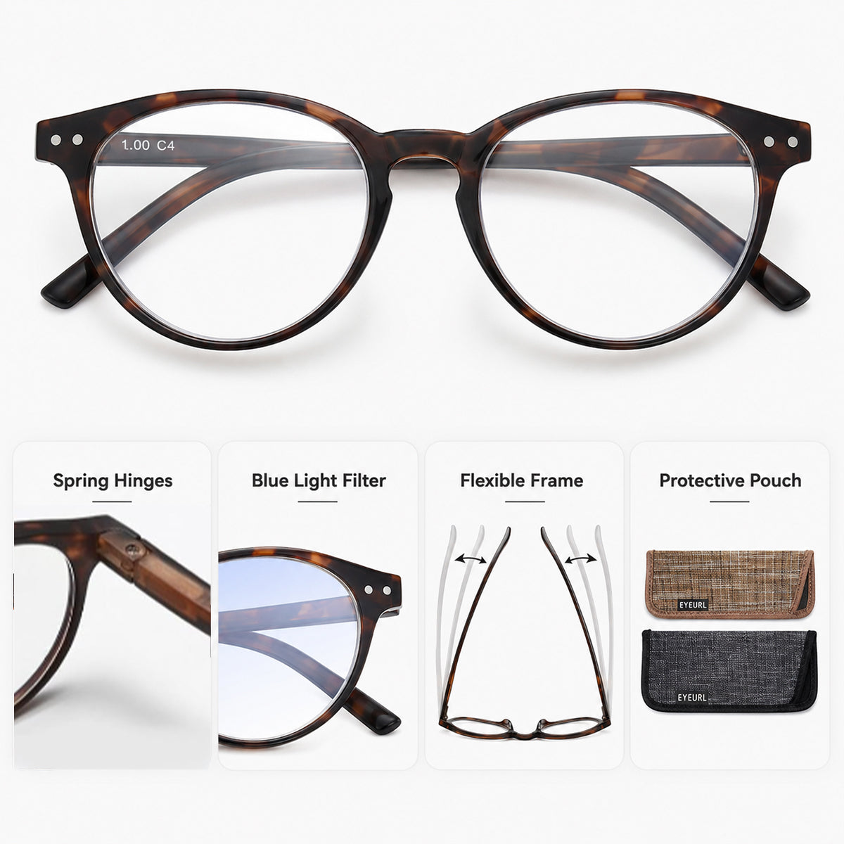 EYEURL 4-Pack Small Round Reading Glasses for Women Men Neck Hanging Blue Light Blocking Eyeglasses TR90 Readers for Women