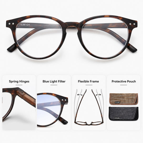 EYEURL 4-Pack Small Round Reading Glasses for Women Men Neck Hanging Blue Light Blocking Eyeglasses TR90 Readers for Women