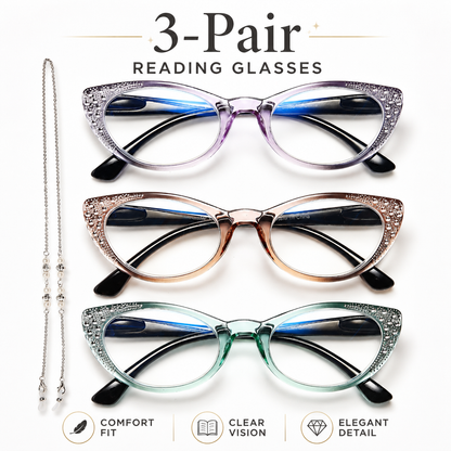 EYEURL Cat Eye Reading Glasses for Women – 3 Pack Blue Light Blocking Computer Readers with Spring Hinges, Lightweight Anti-Glare Eyeglasses