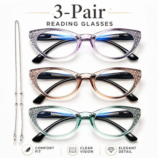 EYEURL Cat Eye Reading Glasses for Women – 3 Pack Blue Light Blocking Computer Readers with Spring Hinges, Lightweight Anti-Glare Eyeglasses