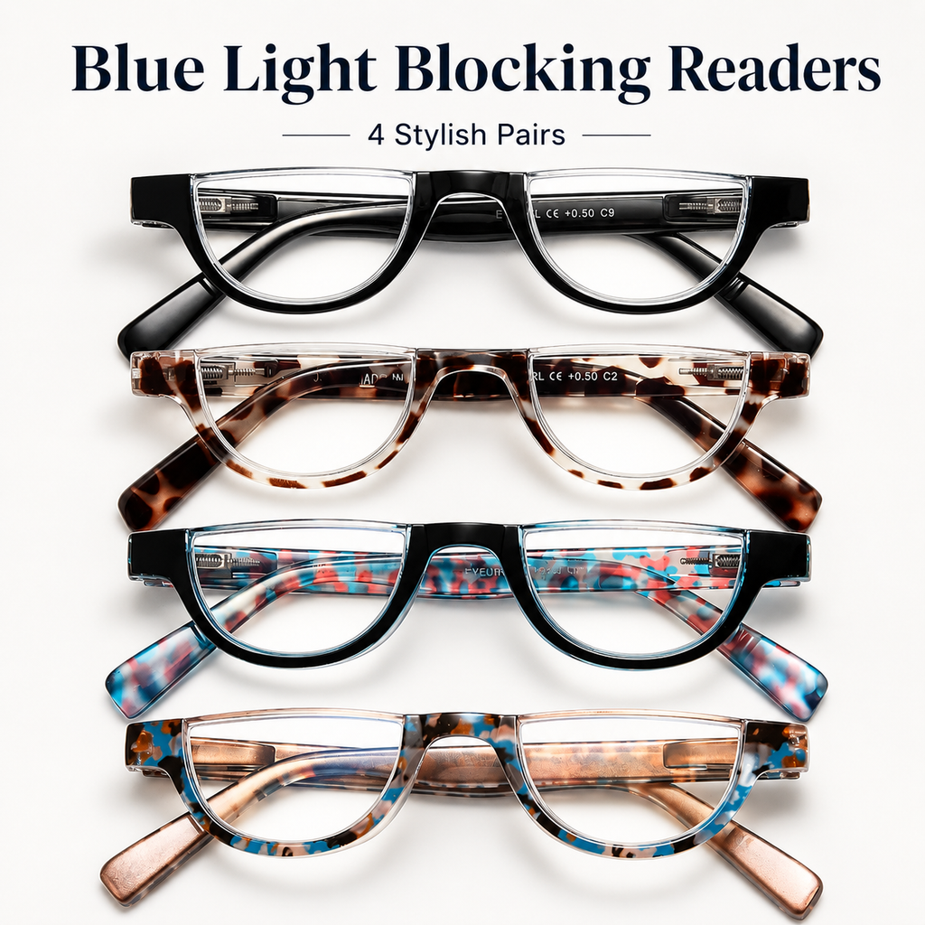 EYEURL Blue Light Blocking Reading Glasses for Women – 4 Pack Fashion Half Frame Computer Readers with Spring Hinges, Anti-UV Ray Eyewear for Work and Home