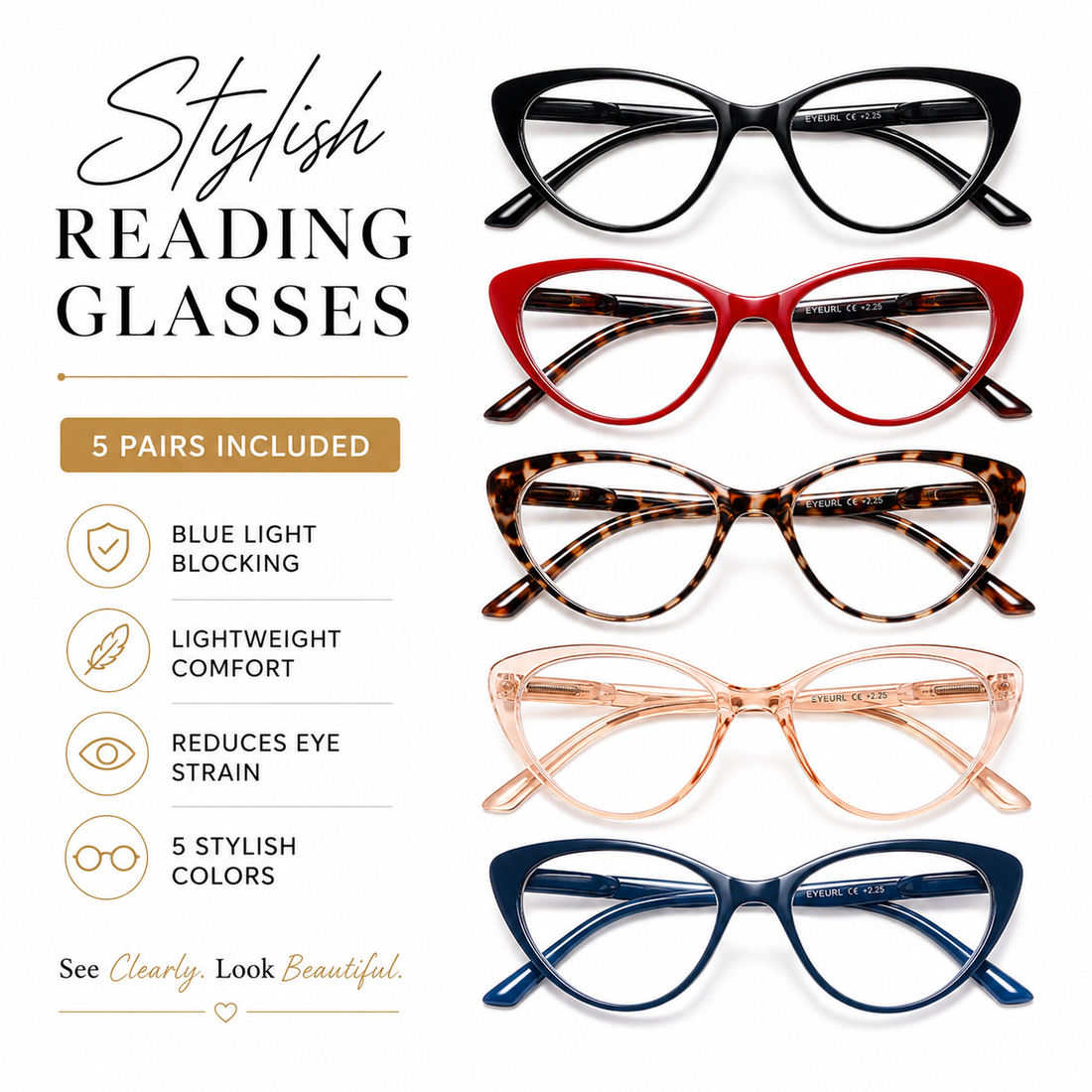 5-Pack Cat-Eye Blue-Light Readers for Women – Red & Tortoise - product photo 1