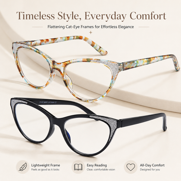 Cat Eye Reading Glasses for Women – Blue Light Blocking Computer Readers with Stylish Glitter Frame, Comfortable Eyeglasses for All Face Shapes