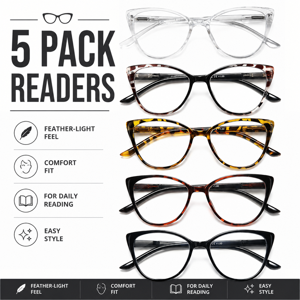 EYEURL 5 Pack Cat Eye Reading Glasses for Women – Blue Light Blocking Fashion Computer Readers with Spring Hinges, Lightweight Stylish Eyeglasses