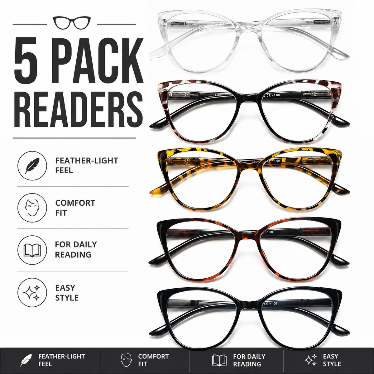 5-Pack Fashion Cat-Eye Blue-Light Readers for Women - product photo 1