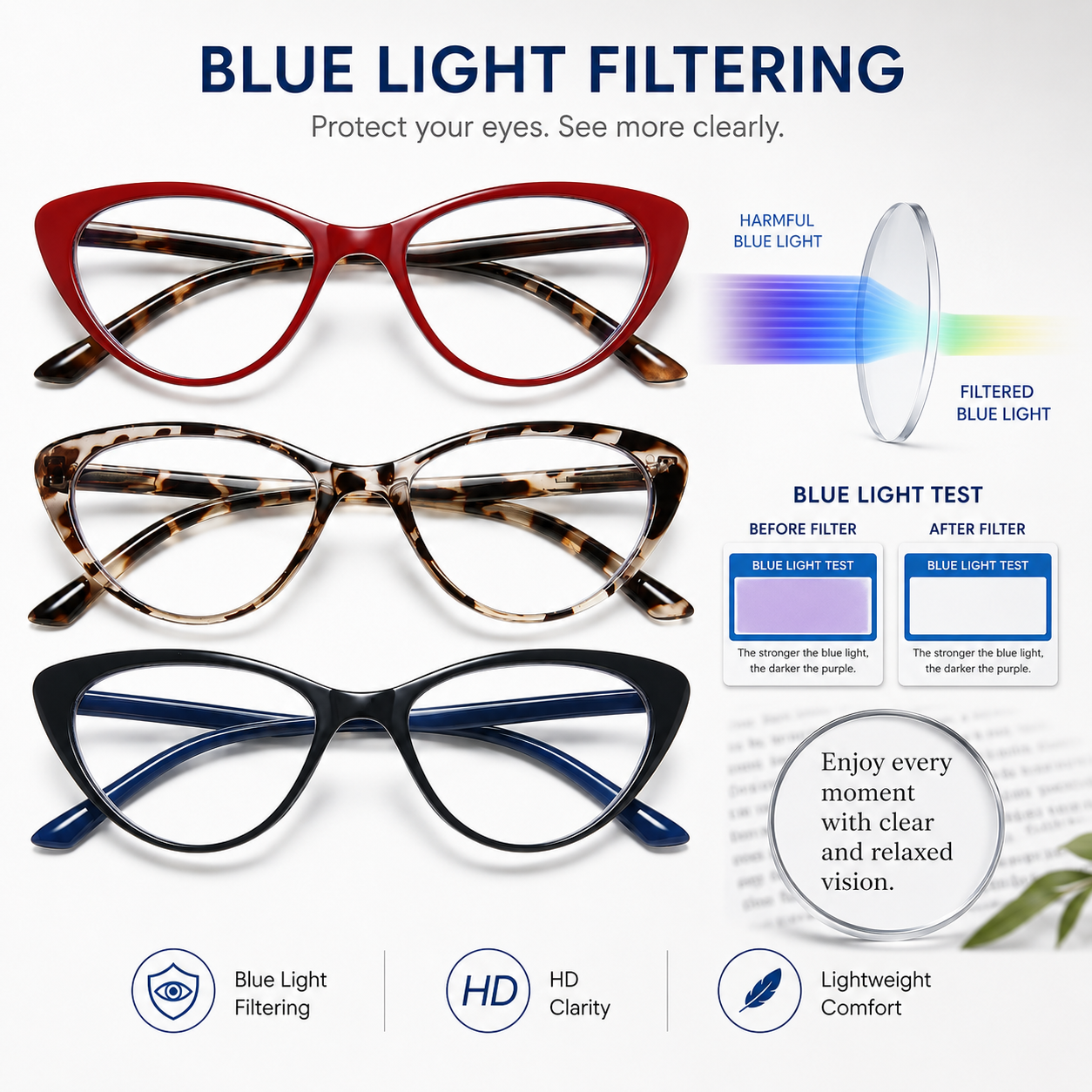 EYEURL Blue Light Blocking Cat Eye Reading Glasses for Women – 4 Pack Computer Readers, Anti-Glare Stylish Eyewear with Clear Vision