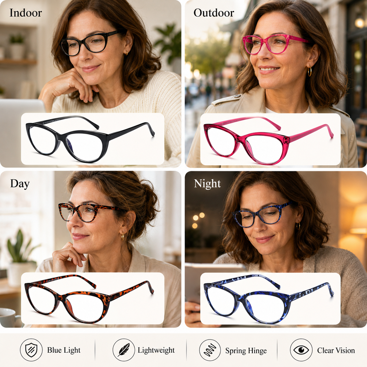 EYEURL Fashion Cat Eye Reading Glasses for Women – 4 Pack Lightweight Blue Light Blocking Readers with Spring Hinges, Anti-UV Computer Eyeglasses