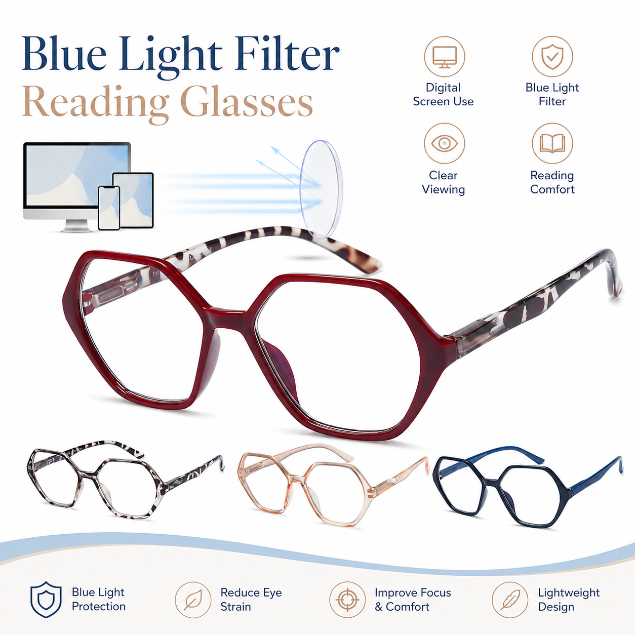 EYEURL 4 Pack Vintage Diamond Frame Reading Glasses – Blue Light Blocking Computer Readers for Women and Men, Lightweight Anti-Glare Eyeglasses with Spring Hinges