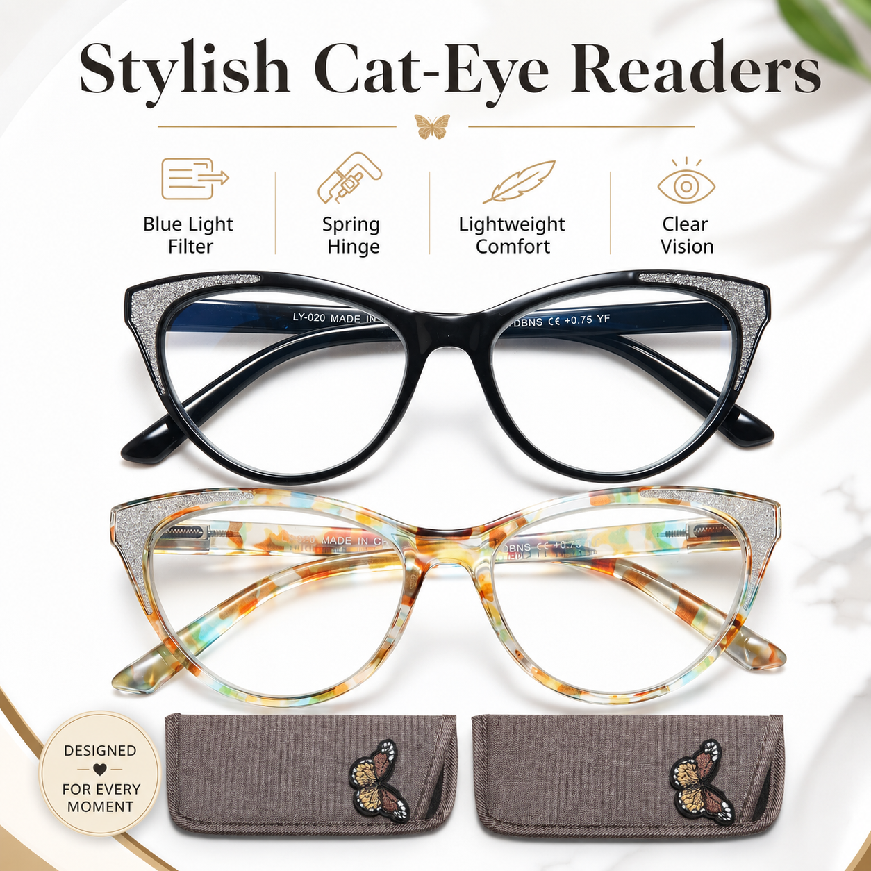 Cat Eye Reading Glasses for Women – Blue Light Blocking Computer Readers with Stylish Glitter Frame, Comfortable Eyeglasses for All Face Shapes Main image