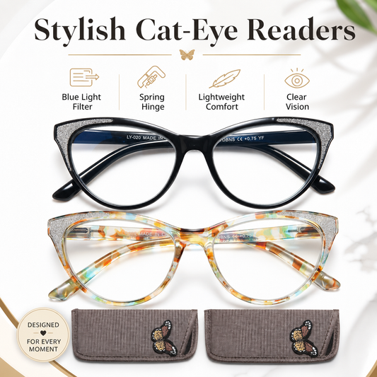 Cat Eye Reading Glasses for Women – Blue Light Blocking Computer Readers with Stylish Glitter Frame, Comfortable Eyeglasses for All Face Shapes