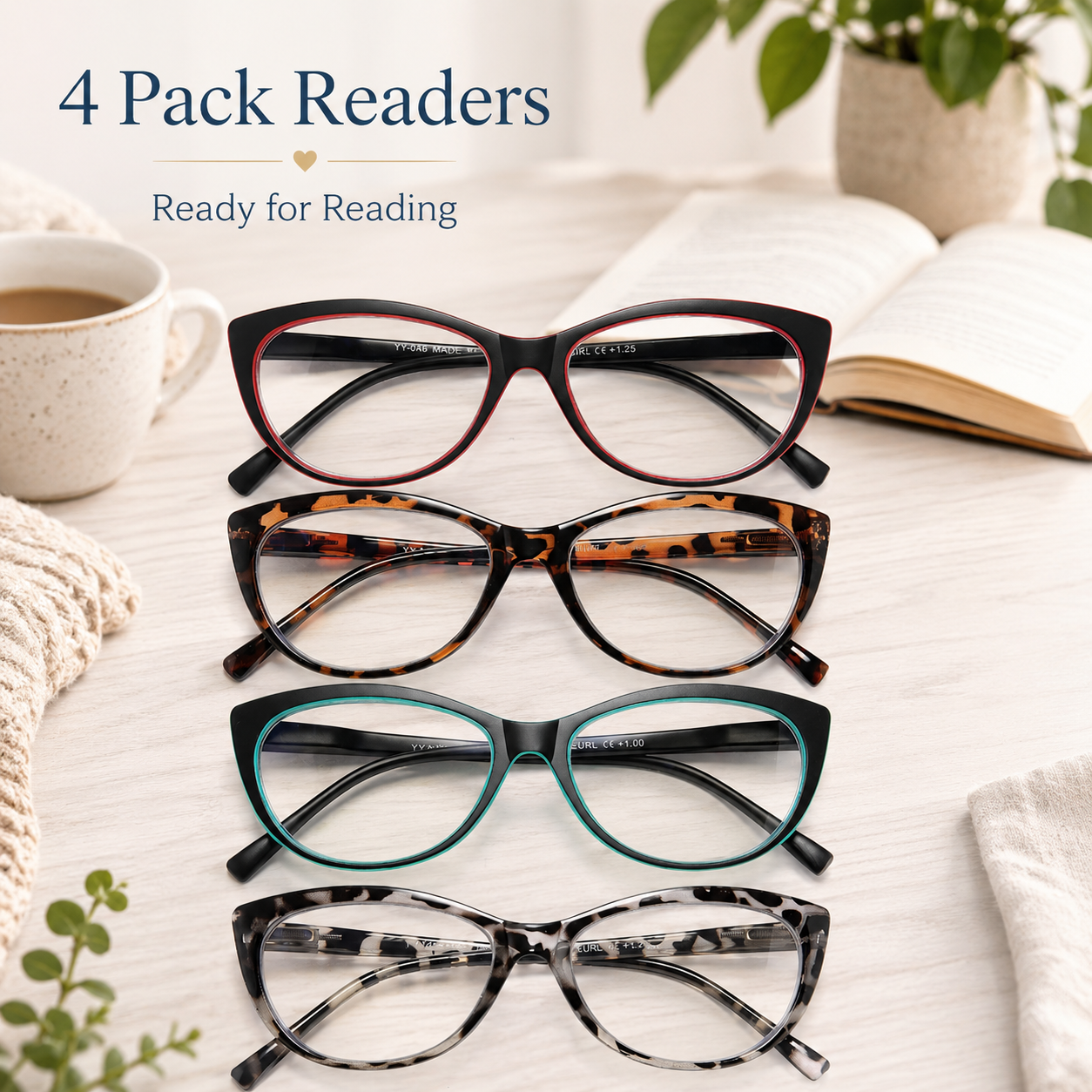 EYEURL Cat Eye Reading Glasses for Women – 4 Pack Blue Light Blocking Fashion Readers, Lightweight Spring Hinge Anti-UV Eyeglasses for Daily Use