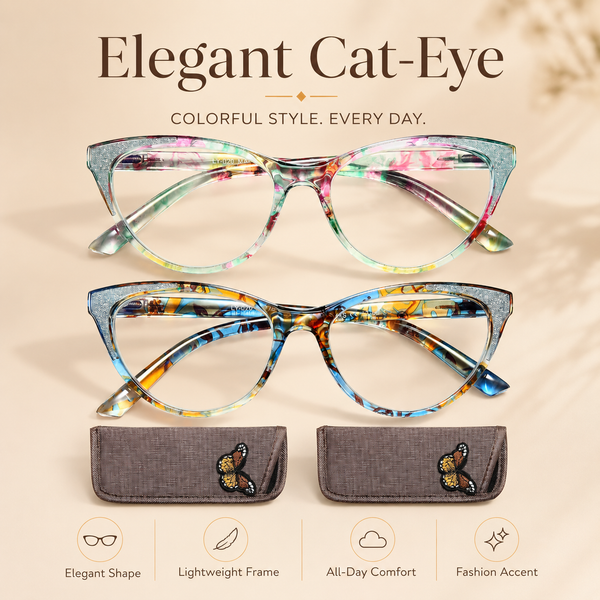 Blue Light Blocking Cat Eye Readers for Women – Computer Eyeglasses with Glitter Frame, Anti Glare Cheaters for All Face Shapes
