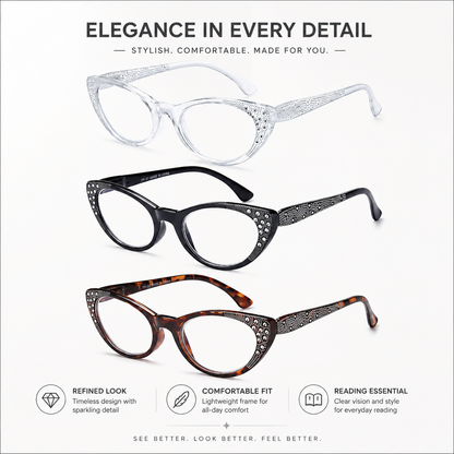 EYEURL Cat Eye Reading Glasses for Women – 3 Pack Blue Light Blocking Fashion Readers with Spring Hinges, Anti-Glare and UV Protection Eyewear