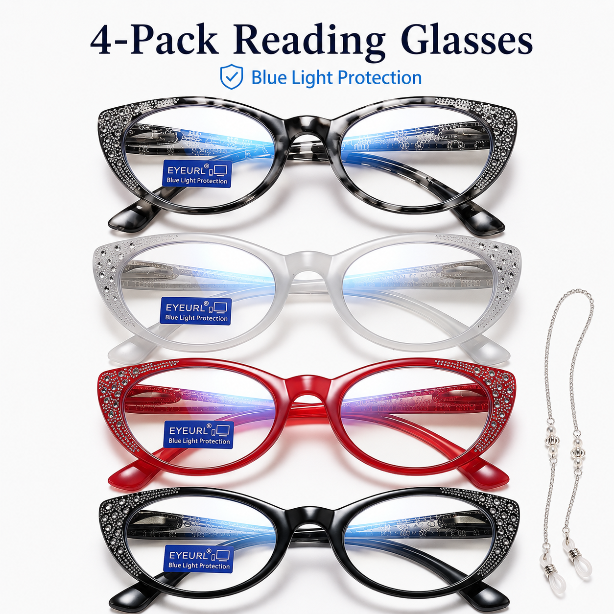 EYEURL Cat Eye Reading Glasses for Women Blue Light Blocking 4 Pack Computer Readers Spring Hinge Anti UV Fashion Lightweight Frames Eyeglasses