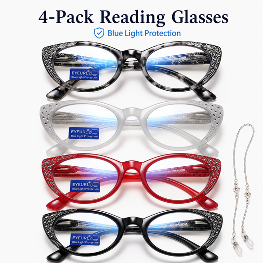 EYEURL Cat Eye Reading Glasses for Women Blue Light Blocking 4 Pack Computer Readers Spring Hinge Anti UV Fashion Lightweight Frames Eyeglasses