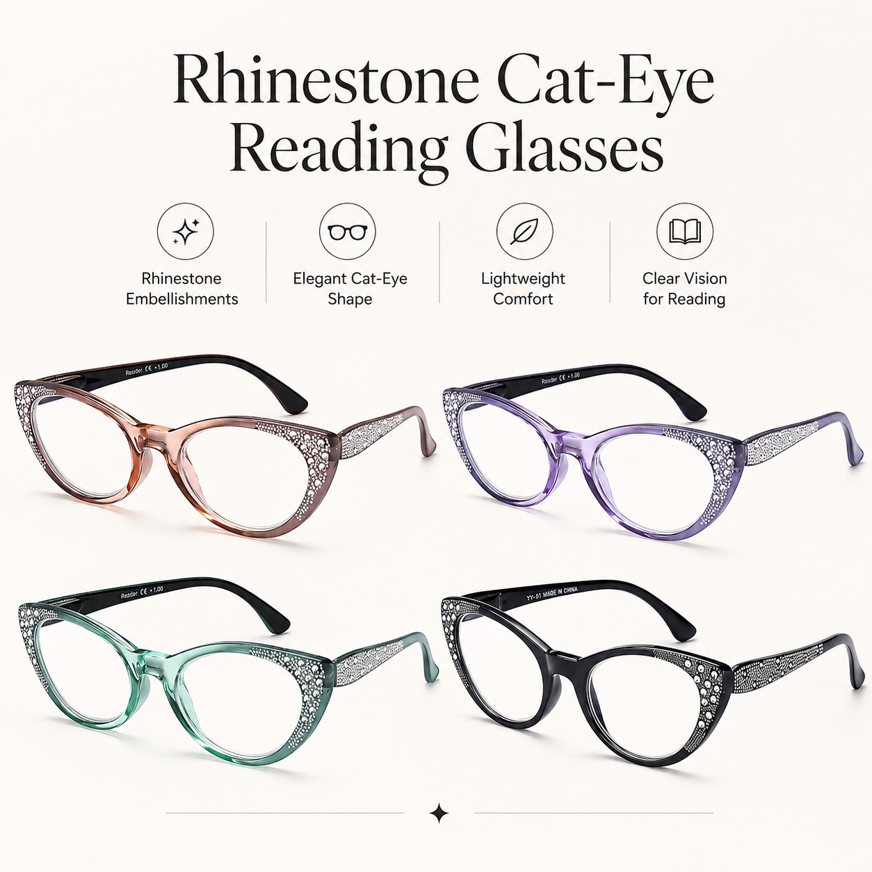 EYEURL Cat Eye Reading Glasses for Women – 4 Pack Blue Light Blocking Fashion Readers with Flexible Spring Hinges, Anti-Glare and UV Protection Eyewear