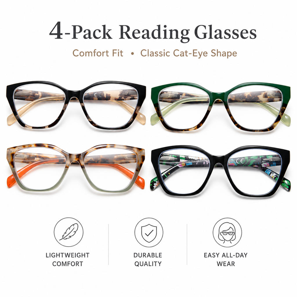 EYEURL 4 Pack Reading Glasses for Wome Oprah Cat Eye Reading Glasses Men Blue Light Glasses Readers for Women