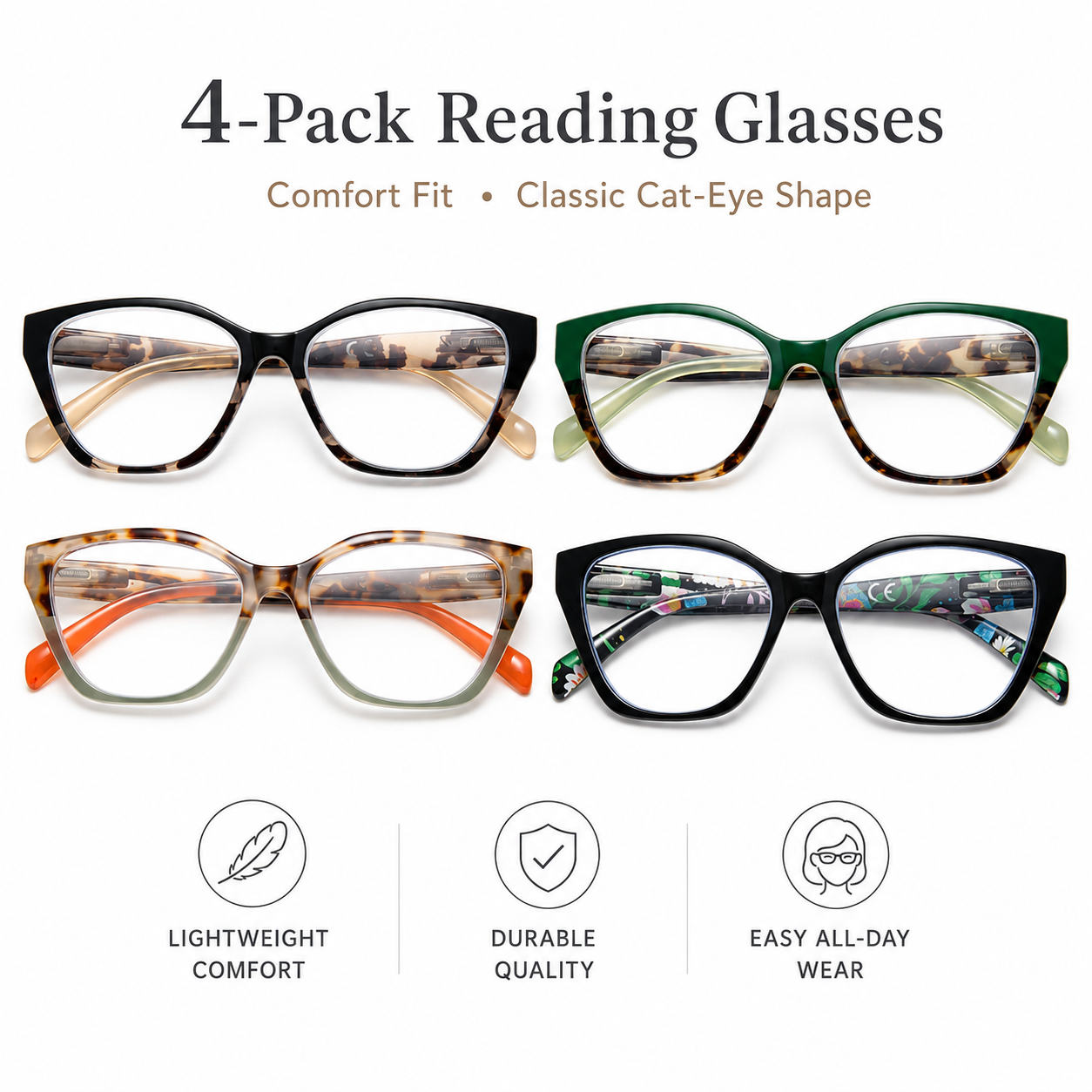 EYEURL 4 Pack Reading Glasses for Wome Oprah Cat Eye Reading Glasses Men Blue Light Glasses Readers for Women