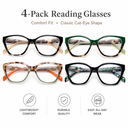 EYEURL 4 Pack Reading Glasses for Wome Oprah Cat Eye Reading Glasses Men Blue Light Glasses Readers for Women