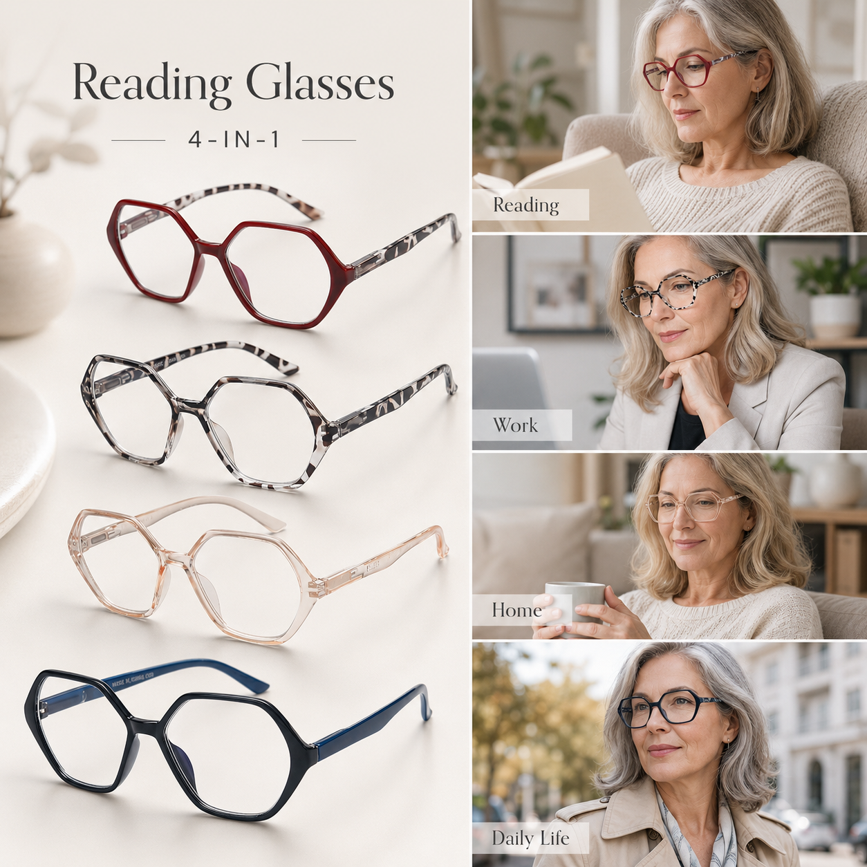 EYEURL 4 Pack Vintage Diamond Frame Reading Glasses – Blue Light Blocking Computer Readers for Women and Men, Lightweight Anti-Glare Eyeglasses with Spring Hinges