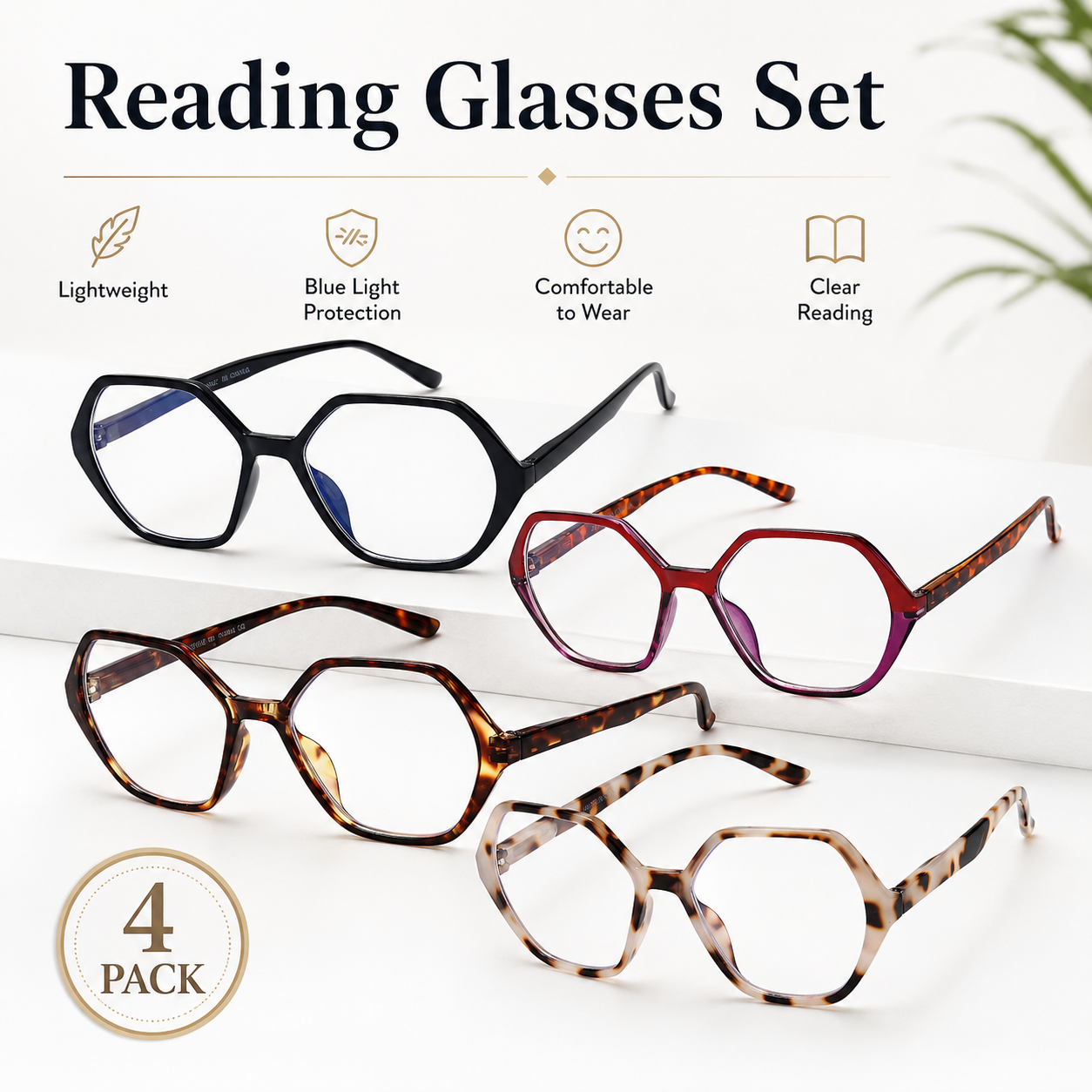 EYEURL Vintage Diamond Frame Reading Glasses for Women – 4 Pack Blue Light Blocking Computer Readers with Spring Hinges, Anti-Glare Lightweight Eyeglasses