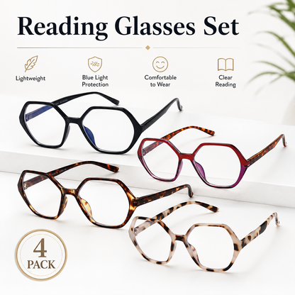 EYEURL Vintage Diamond Frame Reading Glasses for Women – 4 Pack Blue Light Blocking Computer Readers with Spring Hinges, Anti-Glare Lightweight Eyeglasses