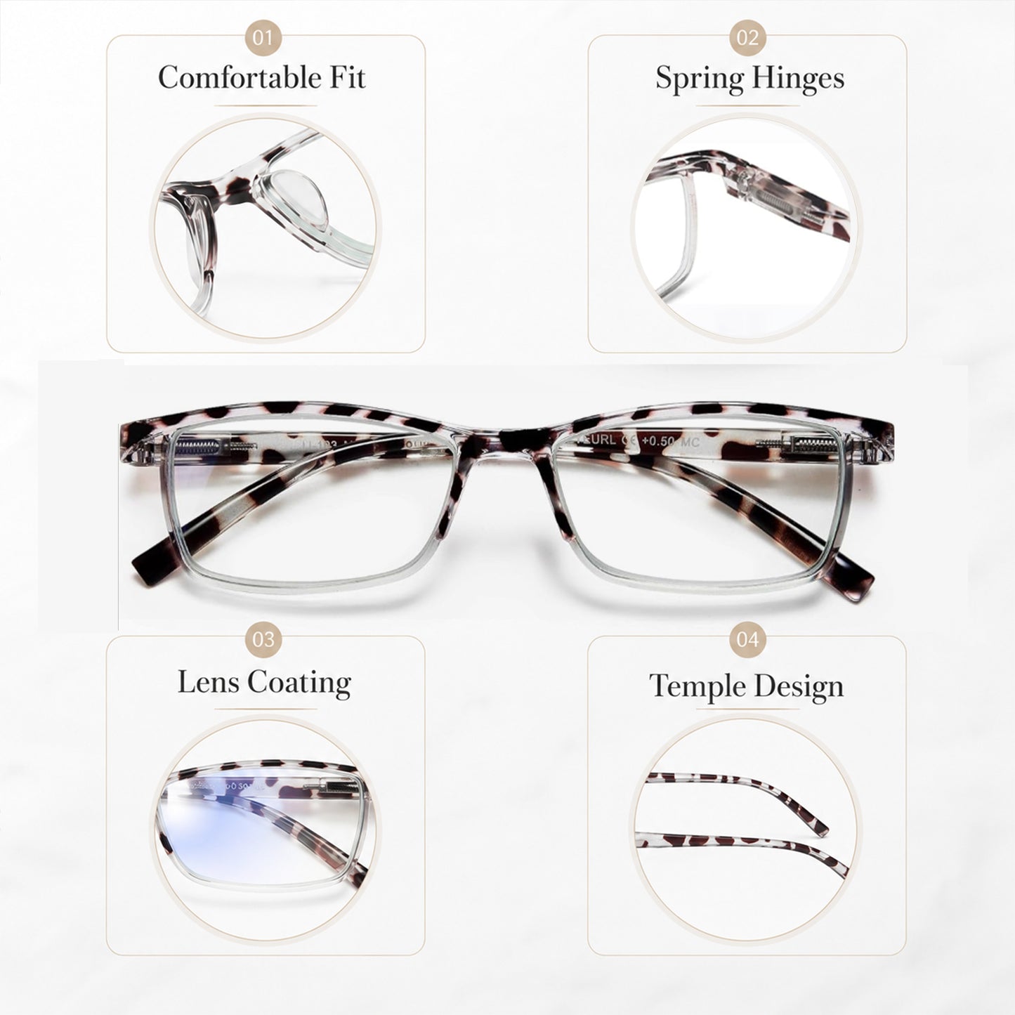 EYEURL Fashion Half Frame Reading Glasses – 4 Pack Blue Light Blocking Rectangle Semi-Rimless Eyeglasses for Men and Women with Spring Hinges