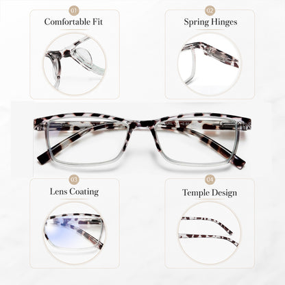EYEURL Fashion Half Frame Reading Glasses – 4 Pack Blue Light Blocking Rectangle Semi-Rimless Eyeglasses for Men and Women with Spring Hinges