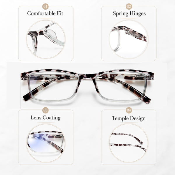 EYEURL Fashion Half Frame Reading Glasses – 4 Pack Blue Light Blocking Rectangle Semi-Rimless Eyeglasses for Men and Women with Spring Hinges
