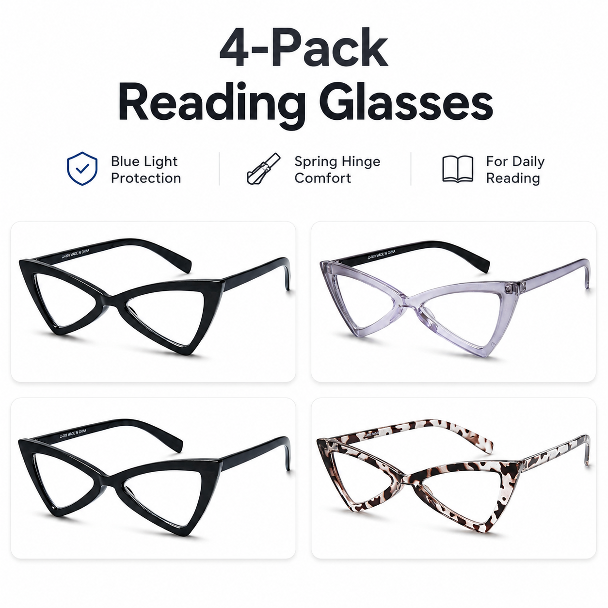EYEURL 4 Pack Oversized Cat Eye Reading Glasses for Women – Blue Light Blocking Fashion Computer Readers, Anti-Glare and Anti Eyestrain Stylish Eyewear