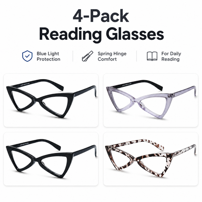 EYEURL 4 Pack Oversized Cat Eye Reading Glasses for Women – Blue Light Blocking Fashion Computer Readers, Anti-Glare and Anti Eyestrain Stylish Eyewear