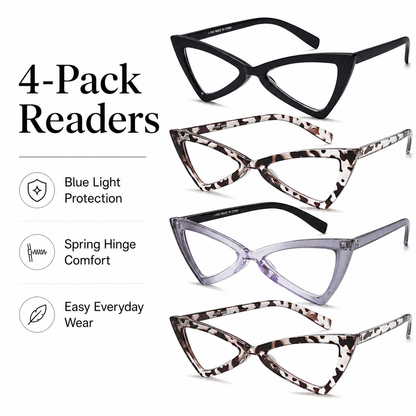 EYEURL Oversized Cat Eye Reading Glasses for Women – 4 Pack Blue Light Blocking Computer Readers with Spring Hinges, Anti Eyestrain and UV Protection Eyewear