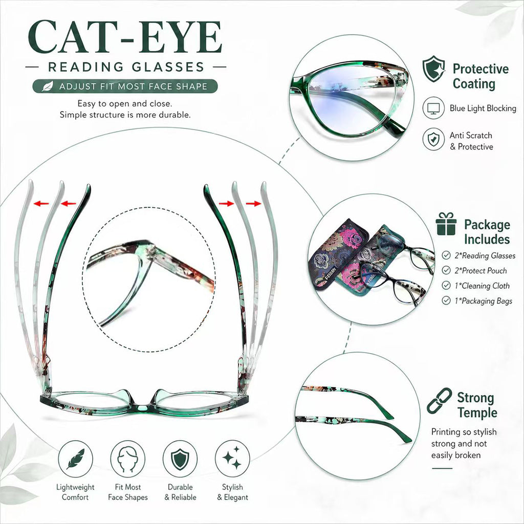 2 Pack Blue Light Blocking Cat Eye Readers for Women – Anti Glare UV Filter Computer Reading Glasses, Spring Hinge Comfort Fit