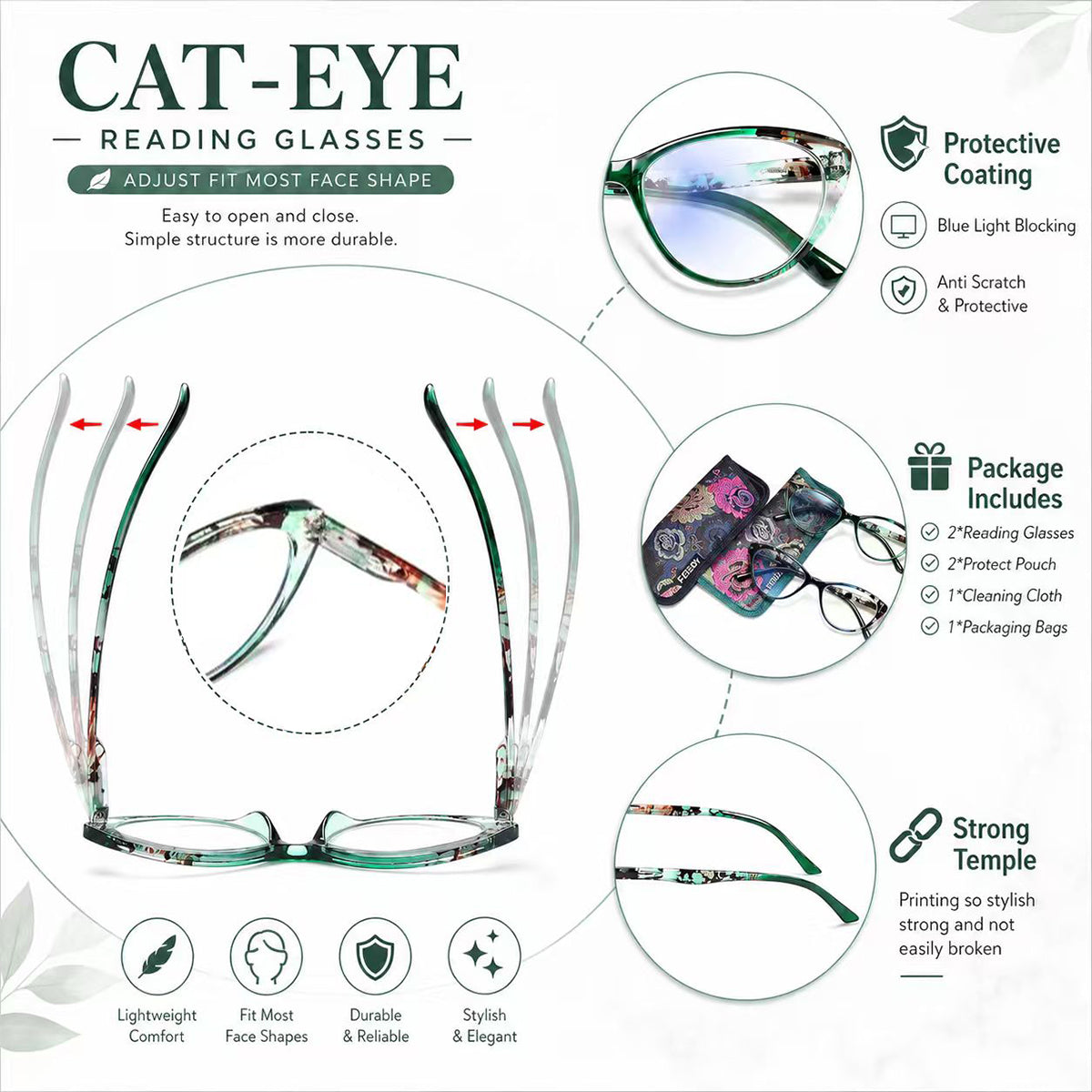 2 Pack Blue Light Blocking Cat Eye Readers for Women – Anti Glare UV Filter Computer Reading Glasses, Spring Hinge Comfort Fit