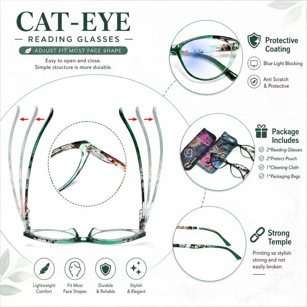 2 Pack Blue Light Blocking Cat Eye Readers for Women – Anti Glare UV Filter Computer Reading Glasses, Spring Hinge Comfort Fit