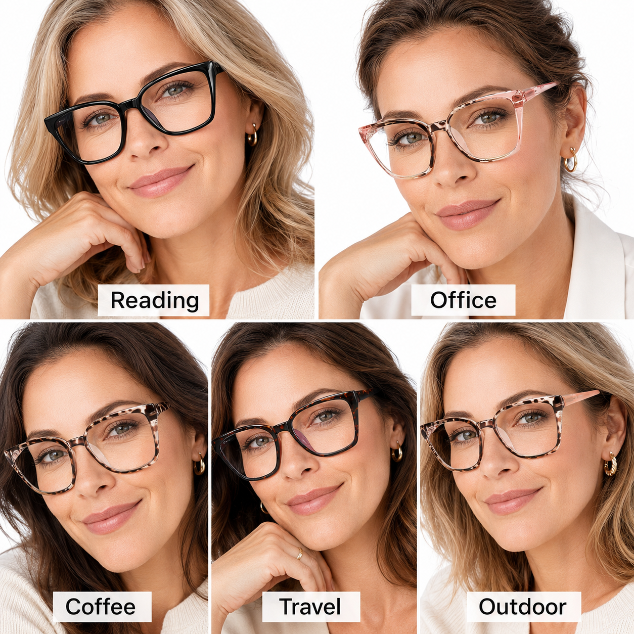 EYEURL 5-Pack Cat Eye Reading Glasses for Women – Fashionable Blue Light Blocking Reading Glasses with Square Frames, Spring Hinges & Magnification