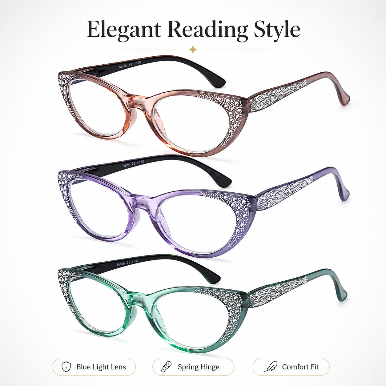 EYEURL Cat Eye Reading Glasses for Women – 3 Pack Blue Light Blocking Computer Readers with Spring Hinges, Lightweight Anti-Glare Eyeglasses