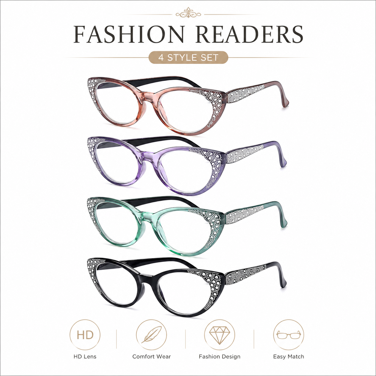 EYEURL Cat Eye Reading Glasses for Women – 4 Pack Blue Light Blocking Fashion Readers with Flexible Spring Hinges, Anti-Glare and UV Protection Eyewear