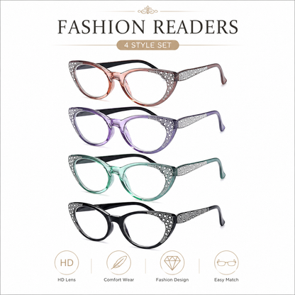 EYEURL Cat Eye Reading Glasses for Women – 4 Pack Blue Light Blocking Fashion Readers with Flexible Spring Hinges, Anti-Glare and UV Protection Eyewear