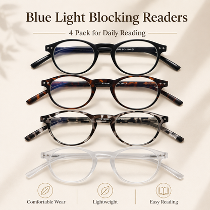 EYEURL 4-Pack Small Round Reading Glasses for Women Men Neck Hanging Blue Light Blocking Eyeglasses TR90 Readers for Women