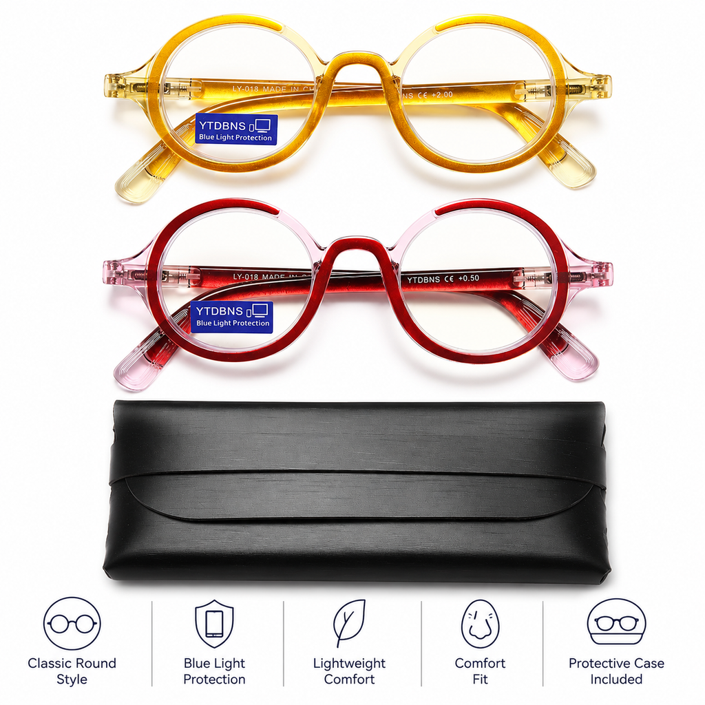 Retro Round Reading Glasses for Men and Women, Stylish Color Frame Design, Blue Light Blocking, Spring Hinges, Anti Eye Strain Computer Readers