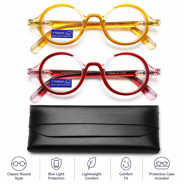 Retro Round Reading Glasses for Men and Women, Stylish Color Frame Design, Blue Light Blocking, Spring Hinges, Anti Eye Strain Computer Readers