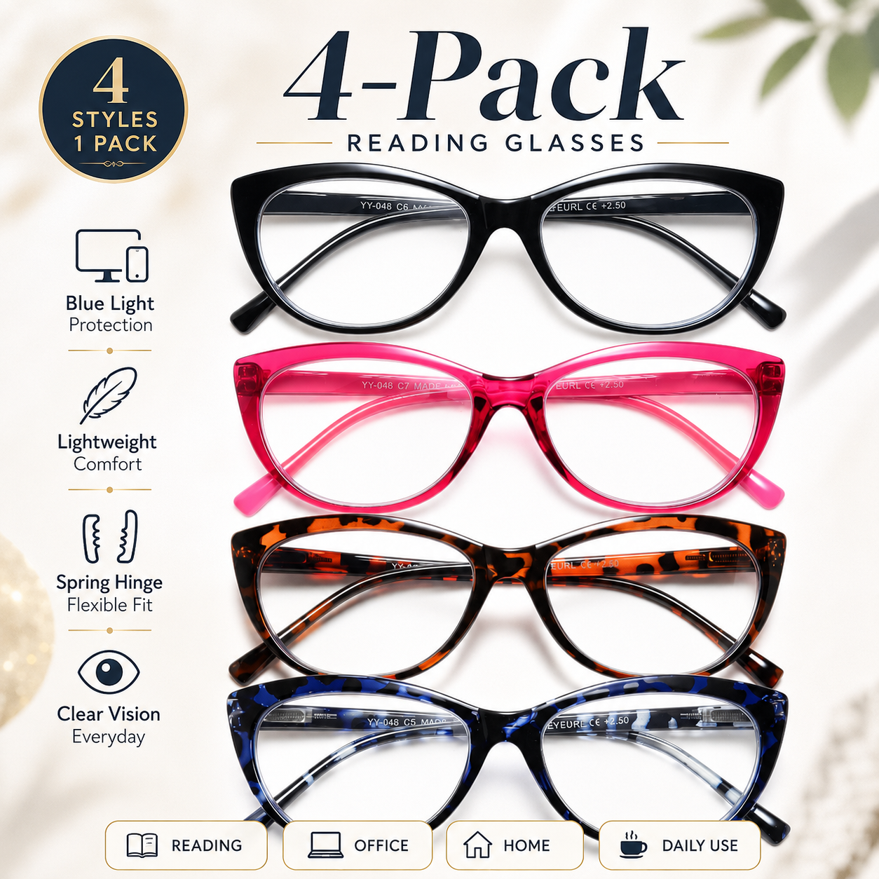 EYEURL Fashion Cat Eye Reading Glasses for Women – 4 Pack Lightweight Blue Light Blocking Readers with Spring Hinges, Anti-UV Computer Eyeglasses
