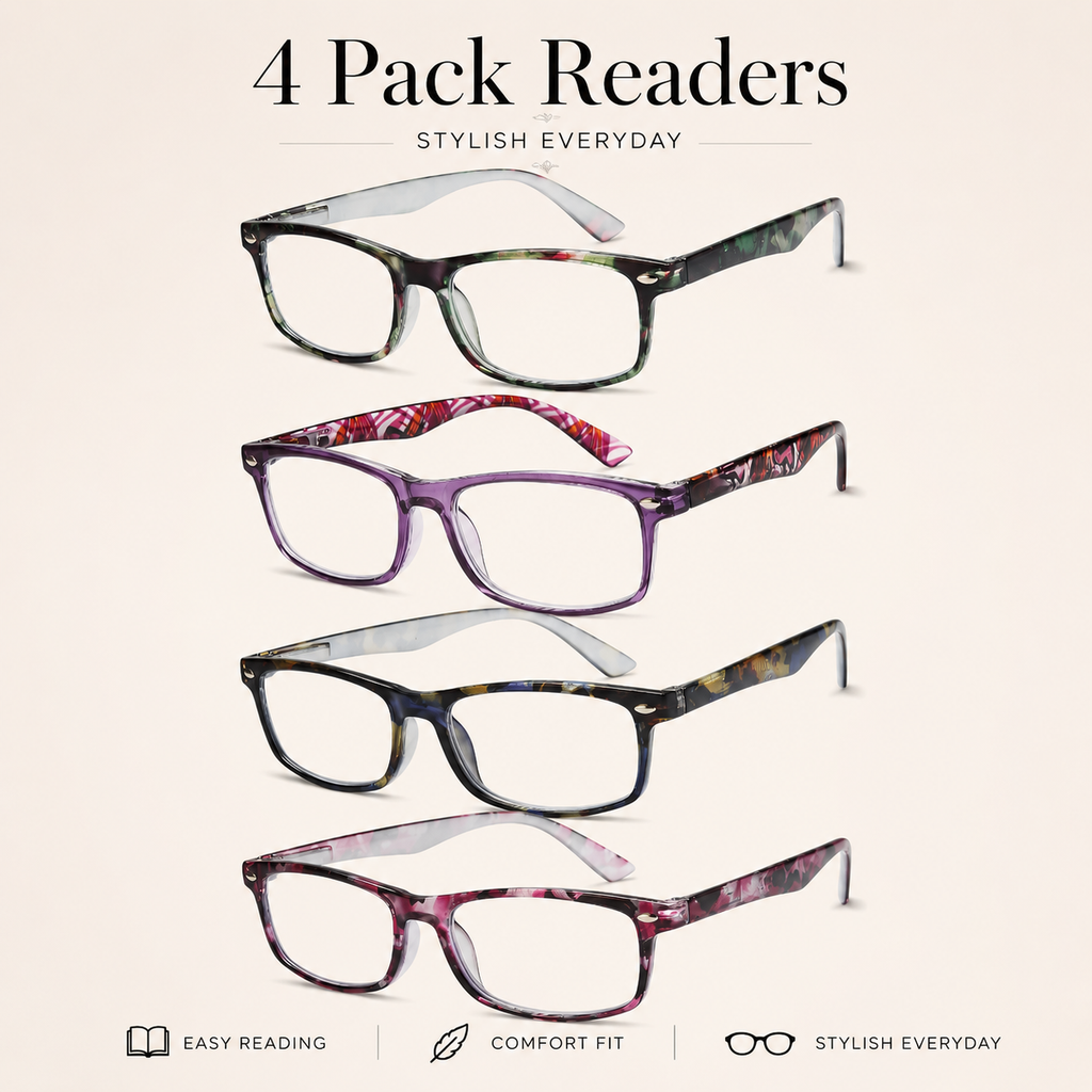 Reading Glasses for Women, 4 pack Fashion Readers for Women Men Spring Hinge Eye Glasses, Blue Light Reading Glasses