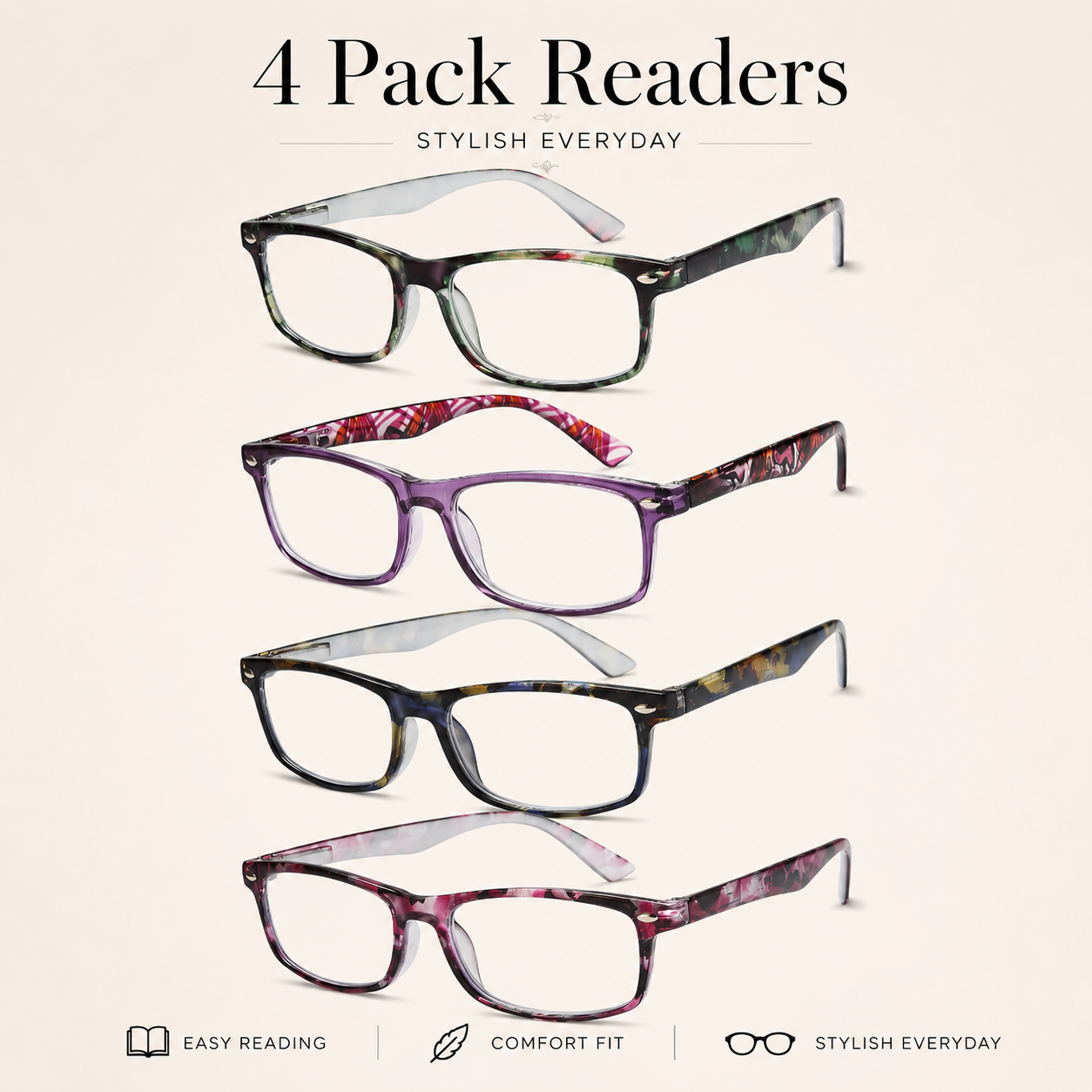 Reading Glasses for Women, 4 pack Fashion Readers for Women Men Spring Hinge Eye Glasses, Blue Light Reading Glasses