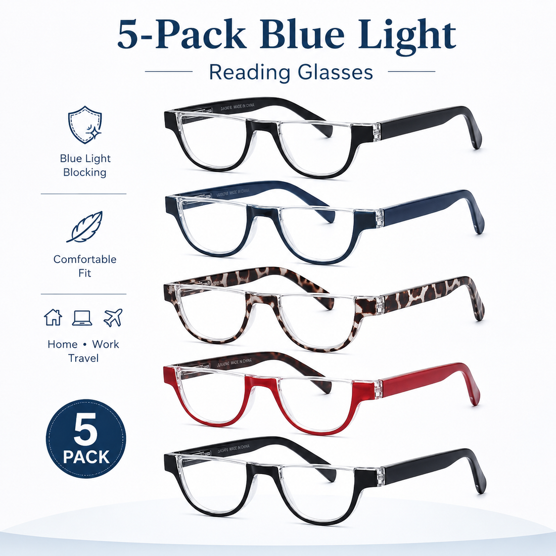5-Pack Fashion Semi-Rimless Blue-Light Readers for Women - product photo 1