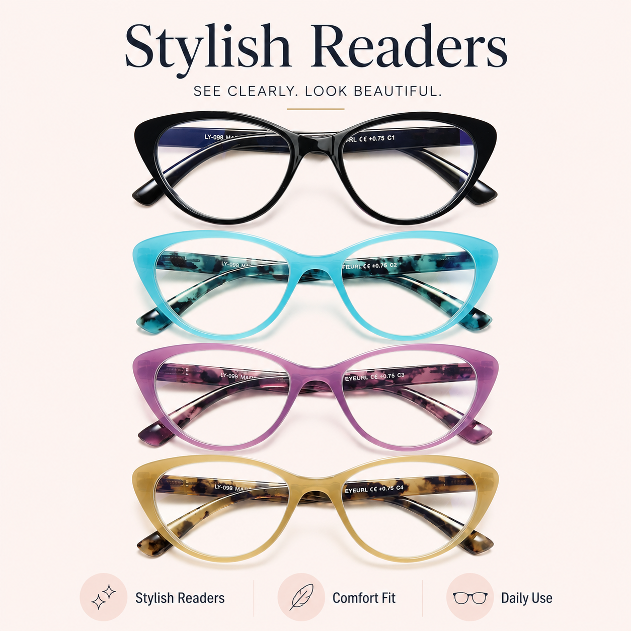 EYEURL Cat Eye Reading Glasses for Women Blue Light Blocking Readers Pack of 4, Computer Glasses with Pattern Design, 2.50 Magnification, Durable Plastic Frame with Spring Hinges, Anti UV Rays Main image