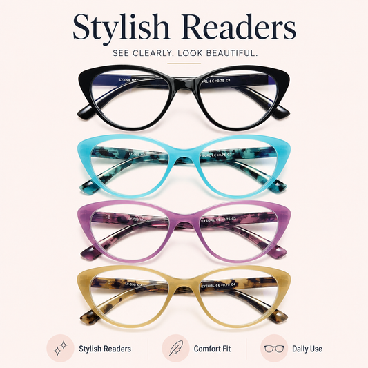 EYEURL Cat Eye Reading Glasses for Women Blue Light Blocking Readers Pack of 4, Computer Glasses with Pattern Design, 2.50 Magnification, Durable Plastic Frame with Spring Hinges, Anti UV Rays