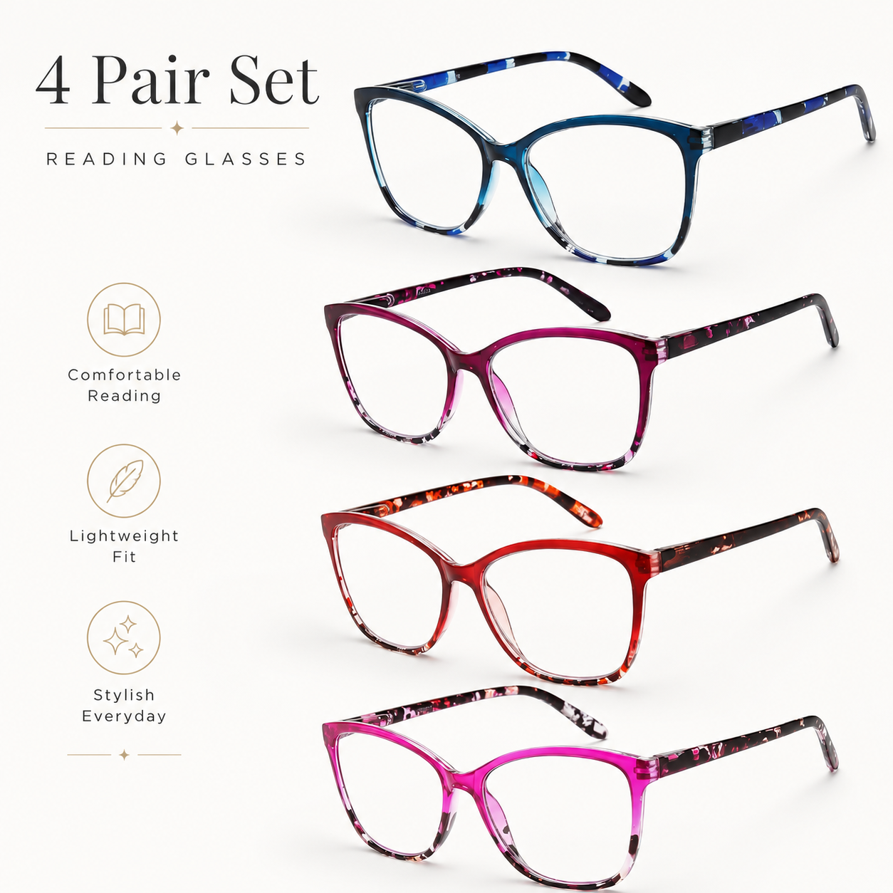 EYEURL Reading Glasses for Women,4-Pack Ultra-Light Slim Frames Blue Light Glasses,Spring Hinge Fashion Pattern Print Blue Light Readers for Women(Multicolor, 1.0x)